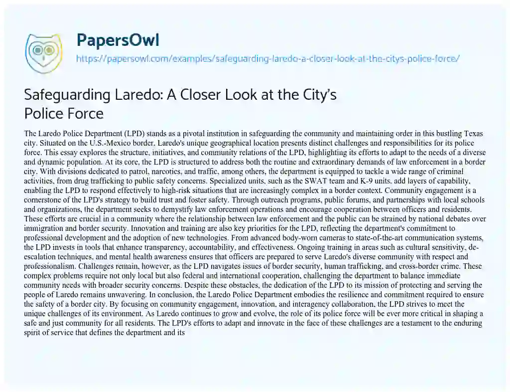 Essay on Safeguarding Laredo: a Closer Look at the City’s Police Force