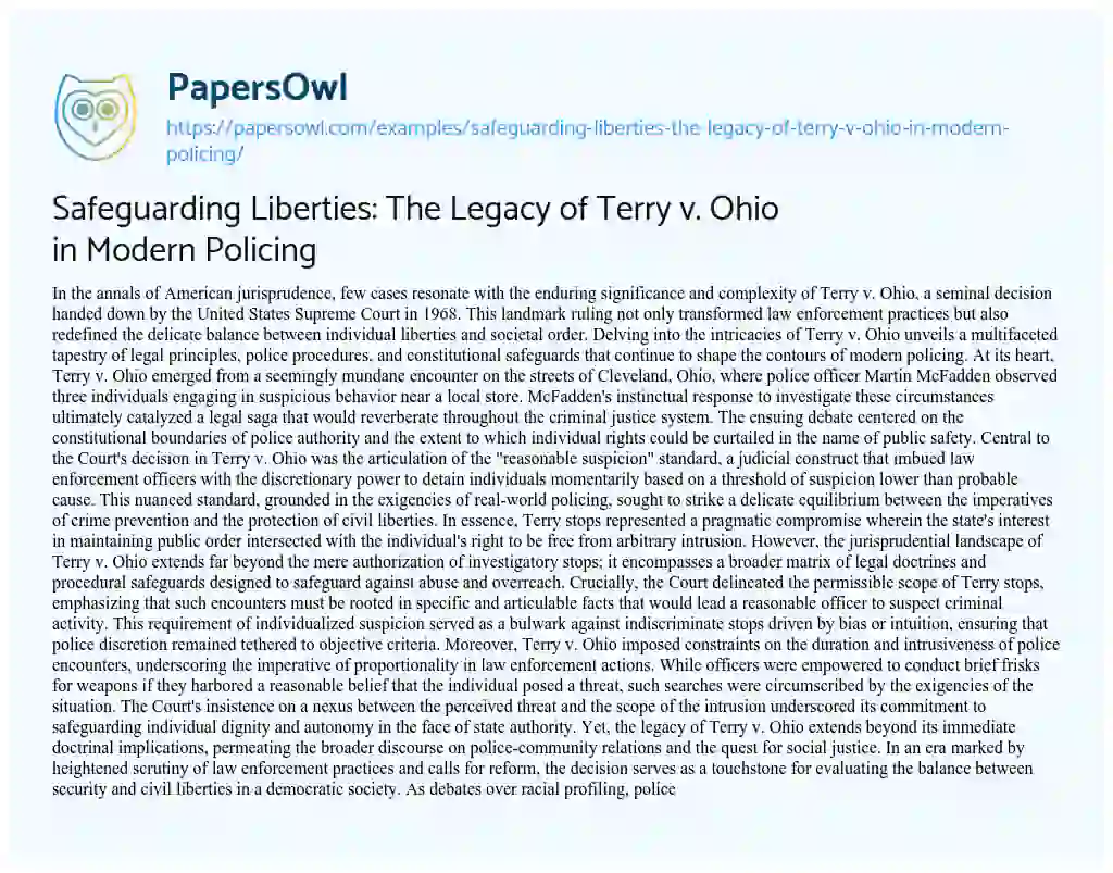 Essay on Safeguarding Liberties: the Legacy of Terry V. Ohio in Modern Policing