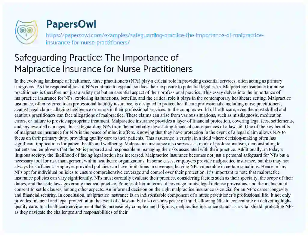 Essay on Safeguarding Practice: the Importance of Malpractice Insurance for Nurse Practitioners