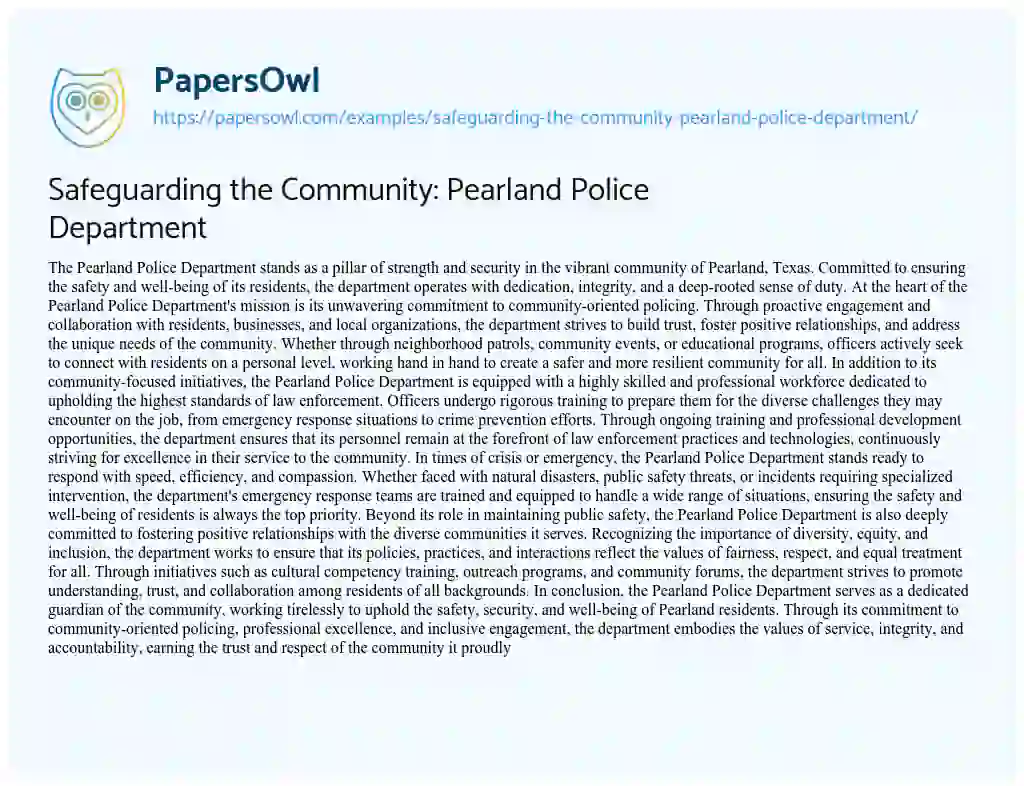 Essay on Safeguarding the Community: Pearland Police Department