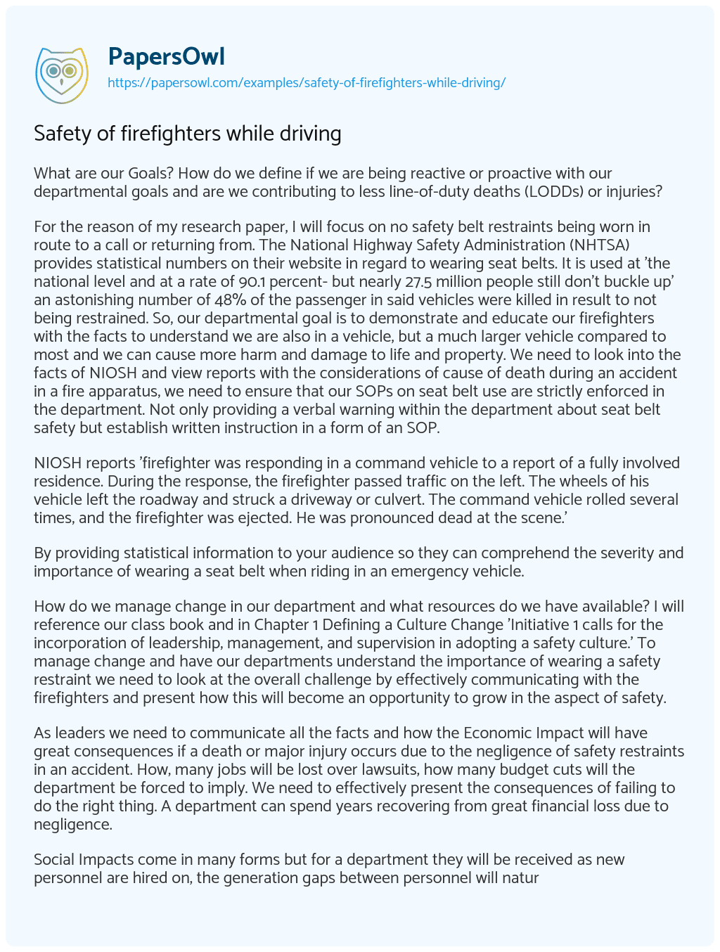 Essay on Safety of Firefighters while Driving