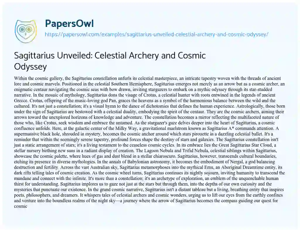 Essay on Sagittarius Unveiled: Celestial Archery and Cosmic Odyssey