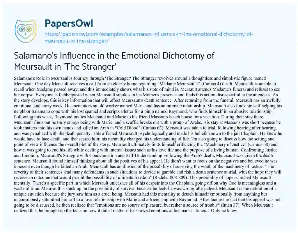 Essay on Salamano’s Influence in the Emotional Dichotomy of Meursault in ‘The Stranger’