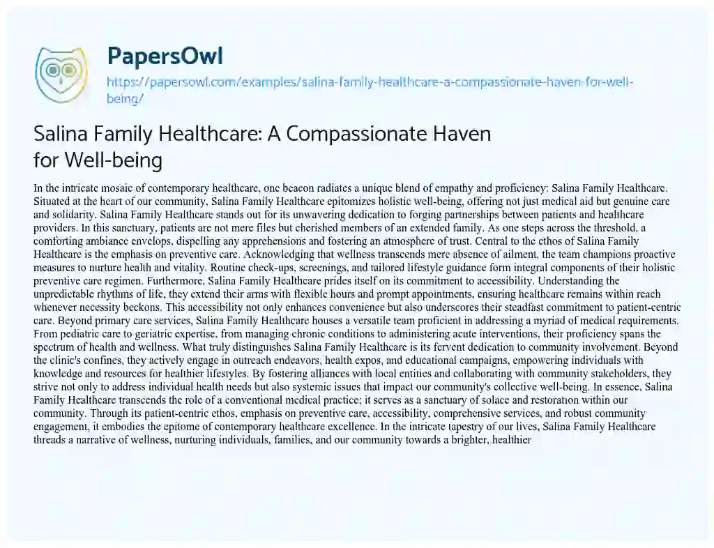 Essay on Salina Family Healthcare: a Compassionate Haven for Well-being