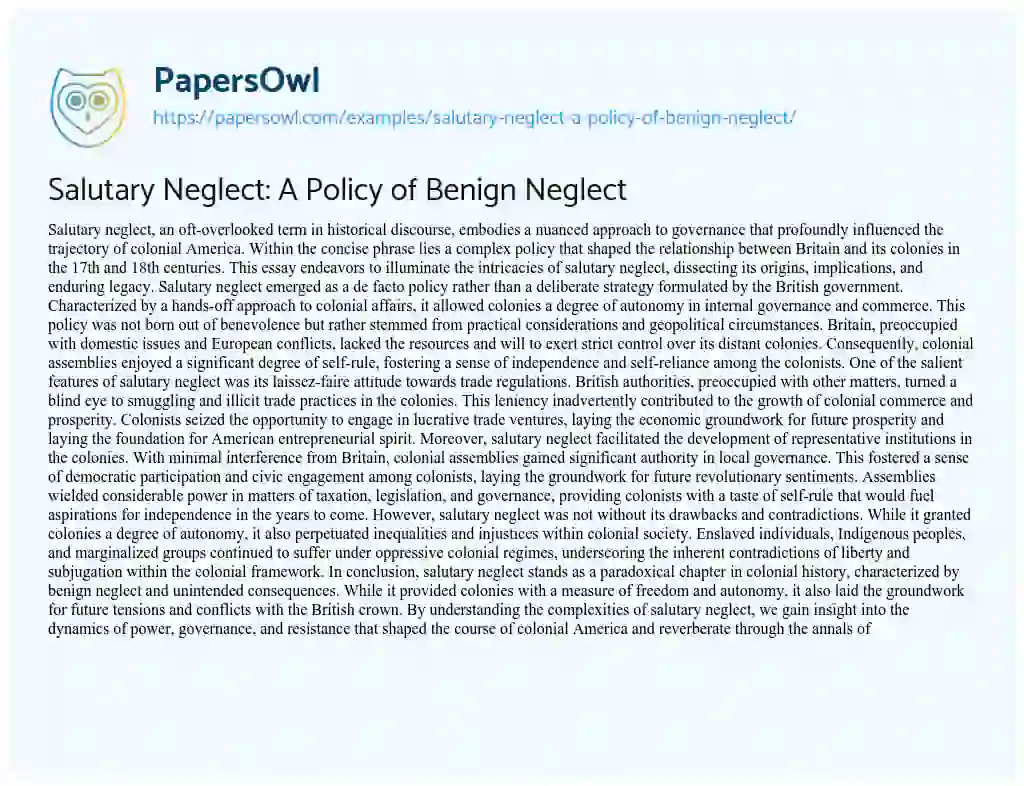 Essay on Salutary Neglect: a Policy of Benign Neglect