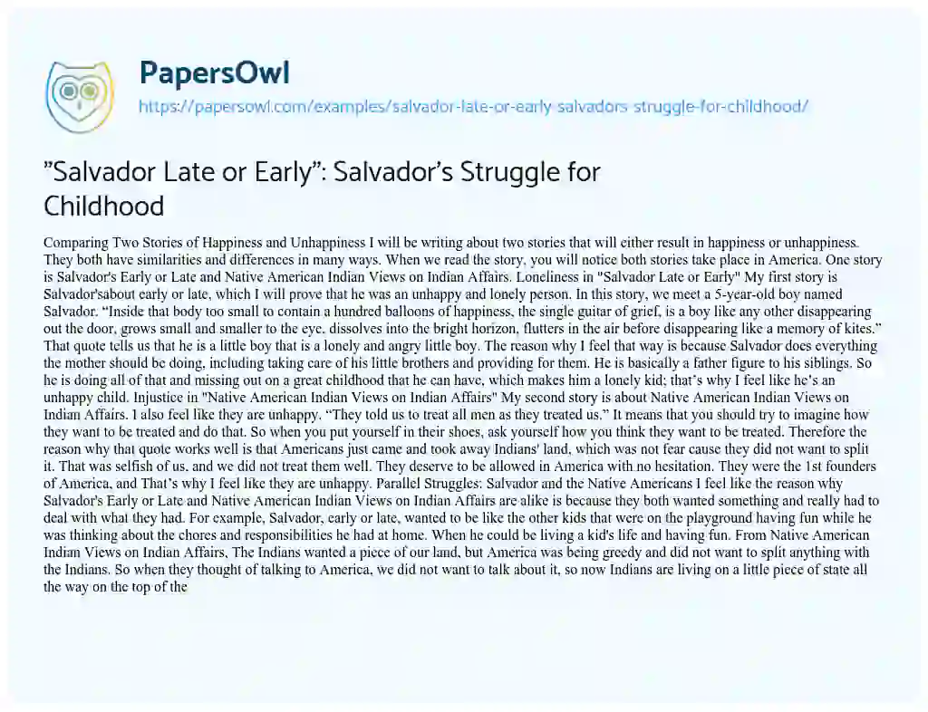 Essay on “Salvador Late or Early”: Salvador’s Struggle for Childhood