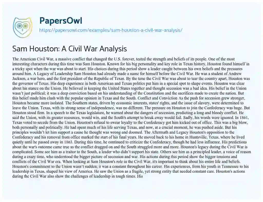 Essay on Sam Houston: a Civil War Analysis