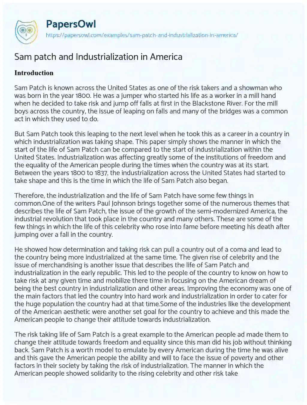 Essay on Sam Patch and Industrialization in America