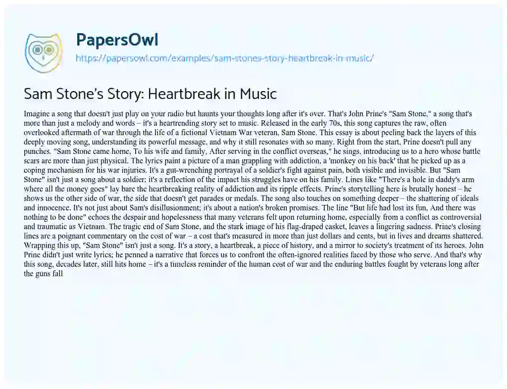 Essay on Sam Stone’s Story: Heartbreak in Music