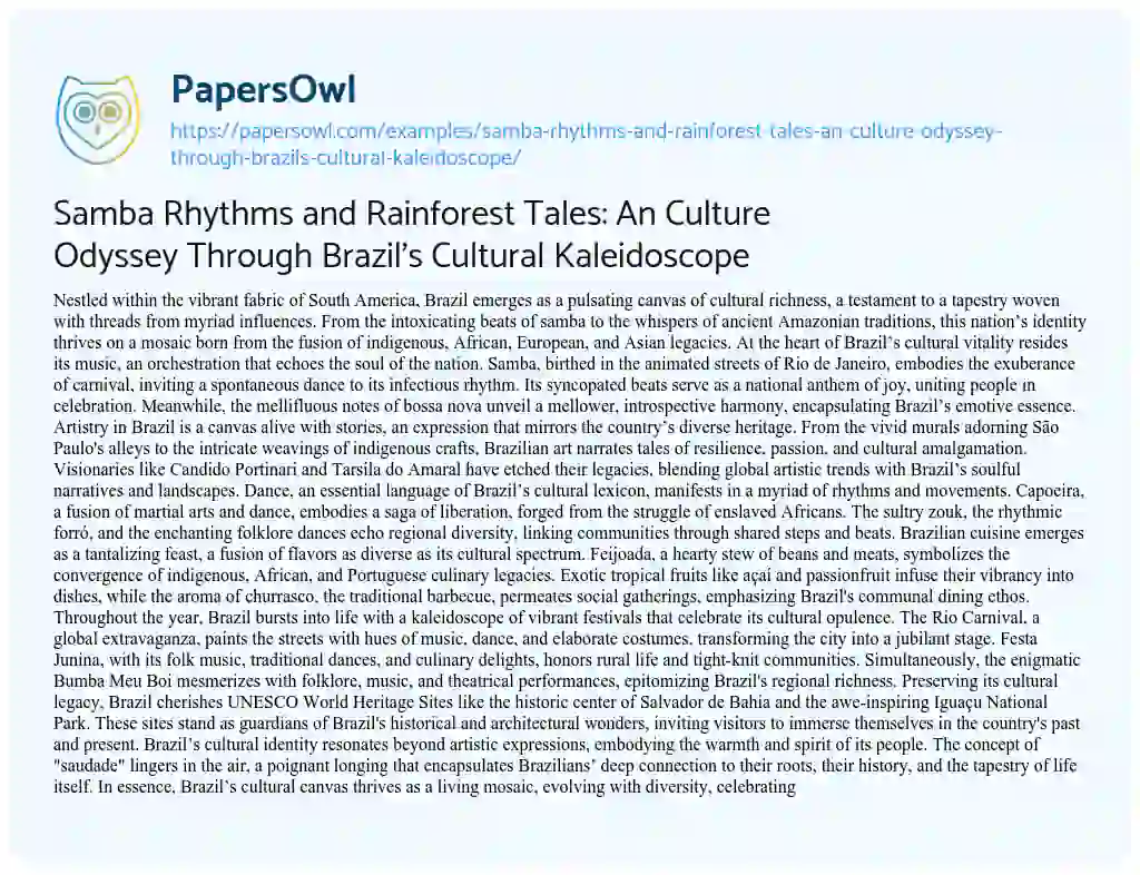 Essay on Samba Rhythms and Rainforest Tales: an Culture Odyssey through Brazil’s Cultural Kaleidoscope
