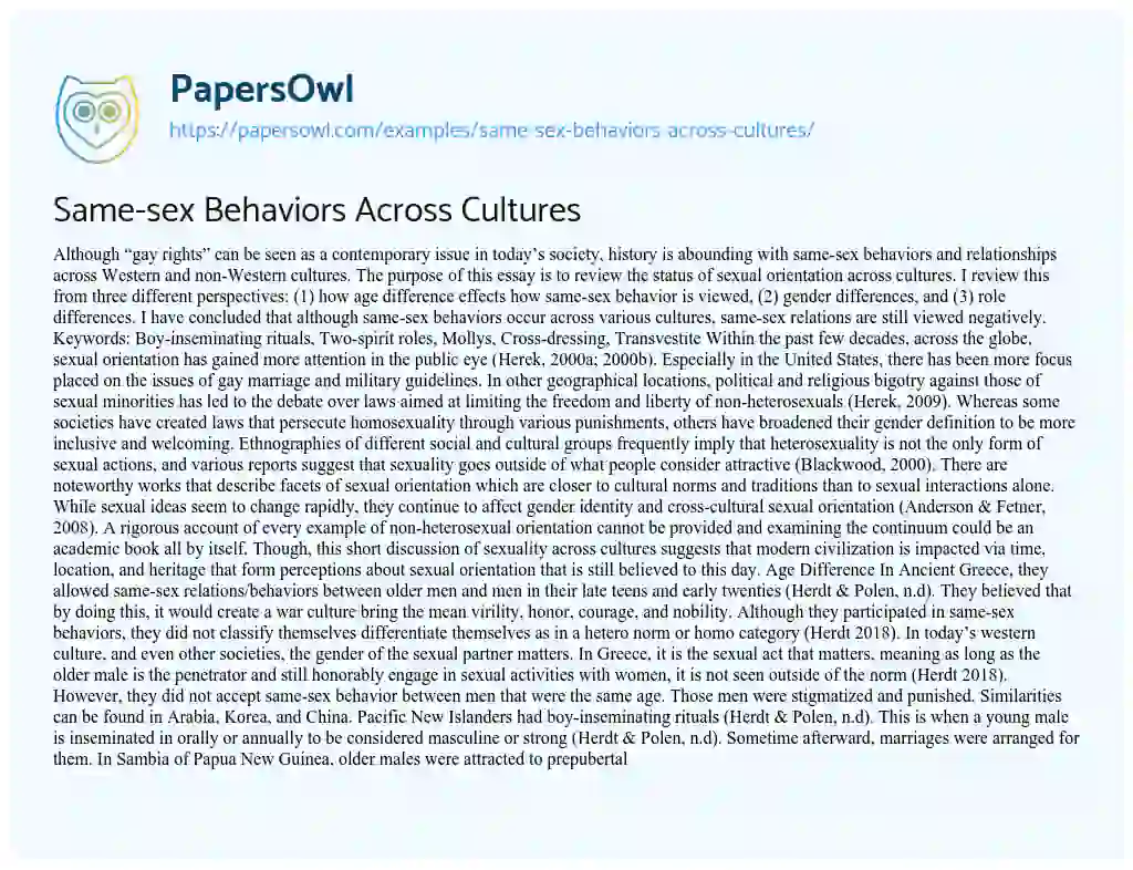 Essay on Same-sex Behaviors Across Cultures