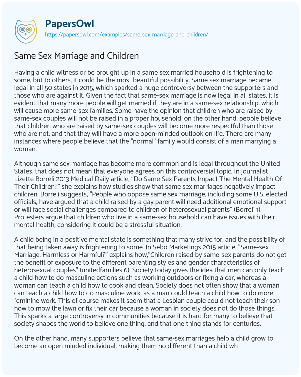 Essay on Same Sex Marriage and Children