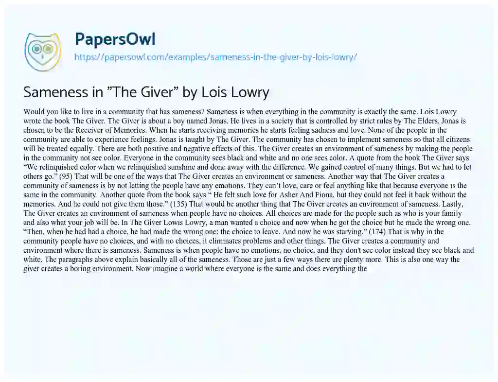 Essay on Sameness in “The Giver” by Lois Lowry