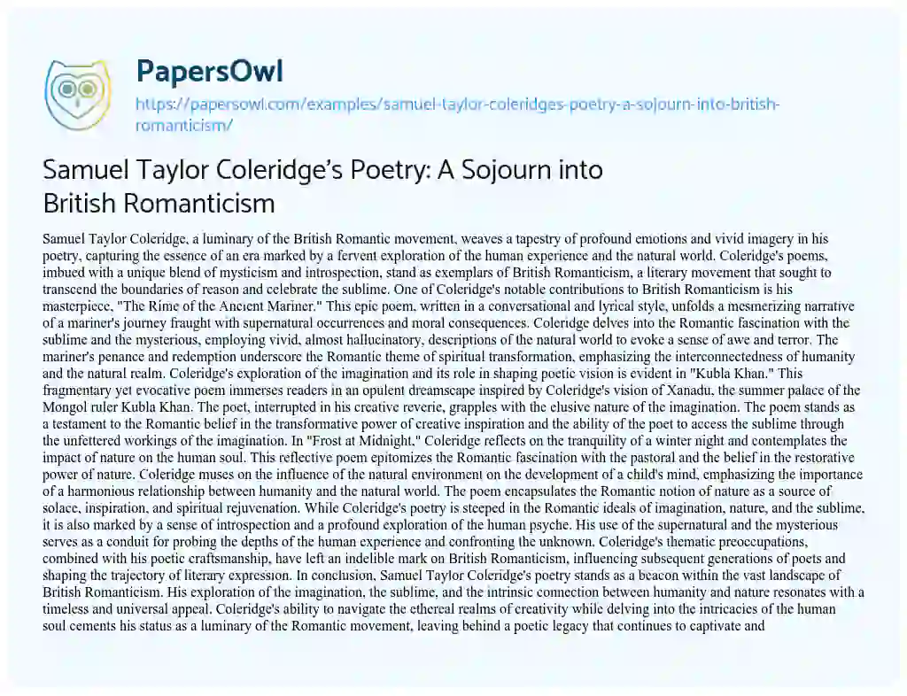 Essay on Samuel Taylor Coleridge’s Poetry: a Sojourn into British Romanticism