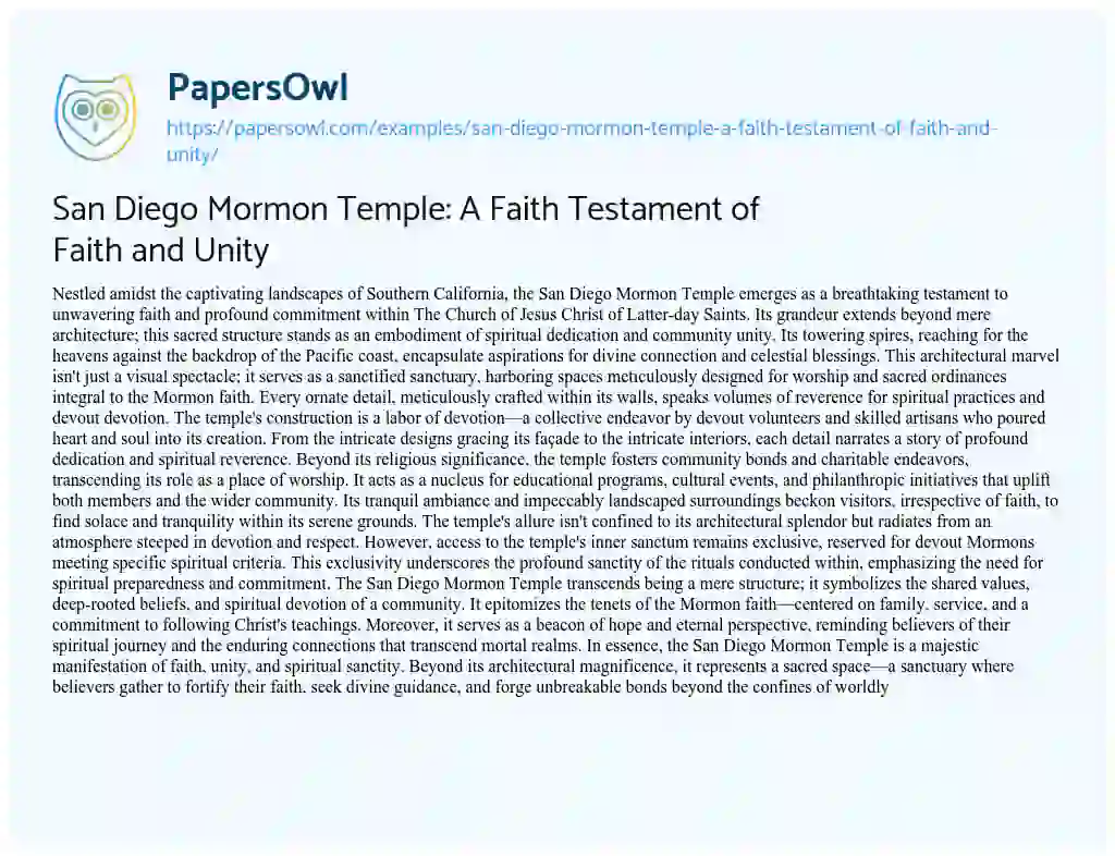 Essay on San Diego Mormon Temple: a Faith Testament of Faith and Unity