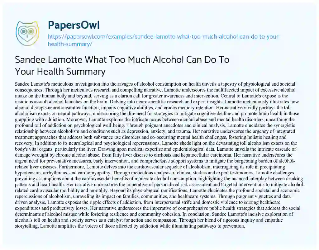 Essay on Sandee Lamotte what too Much Alcohol Can do to your Health Summary