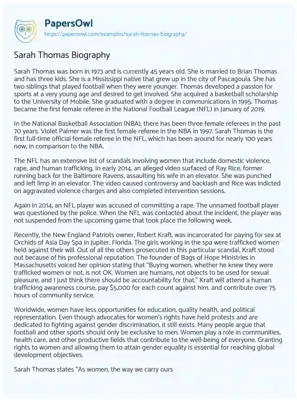 Essay on Sarah Thomas Biography