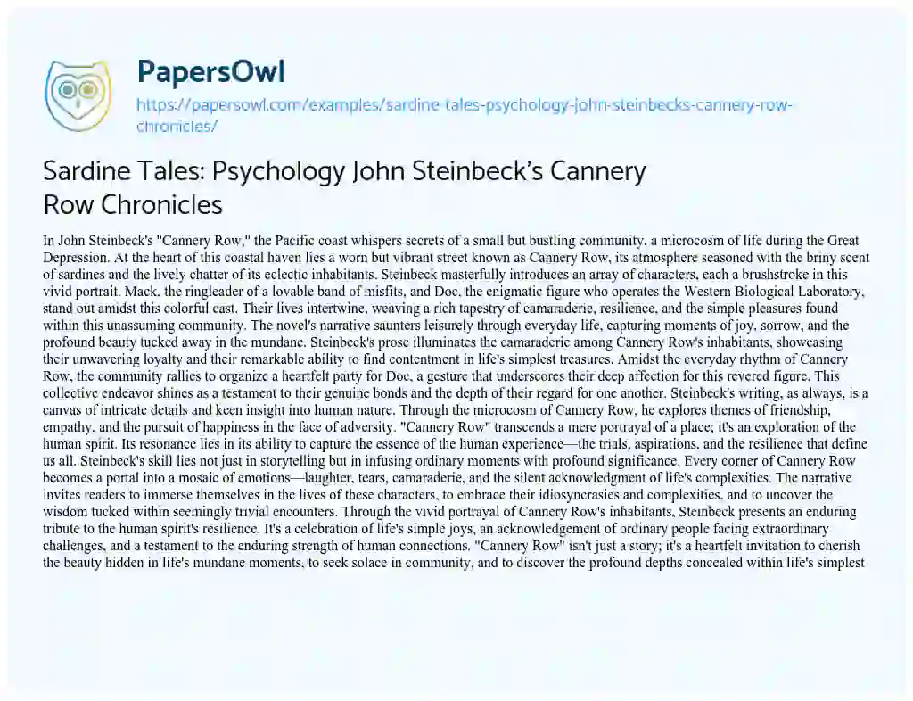 Essay on Sardine Tales: Psychology John Steinbeck’s Cannery Row Chronicles