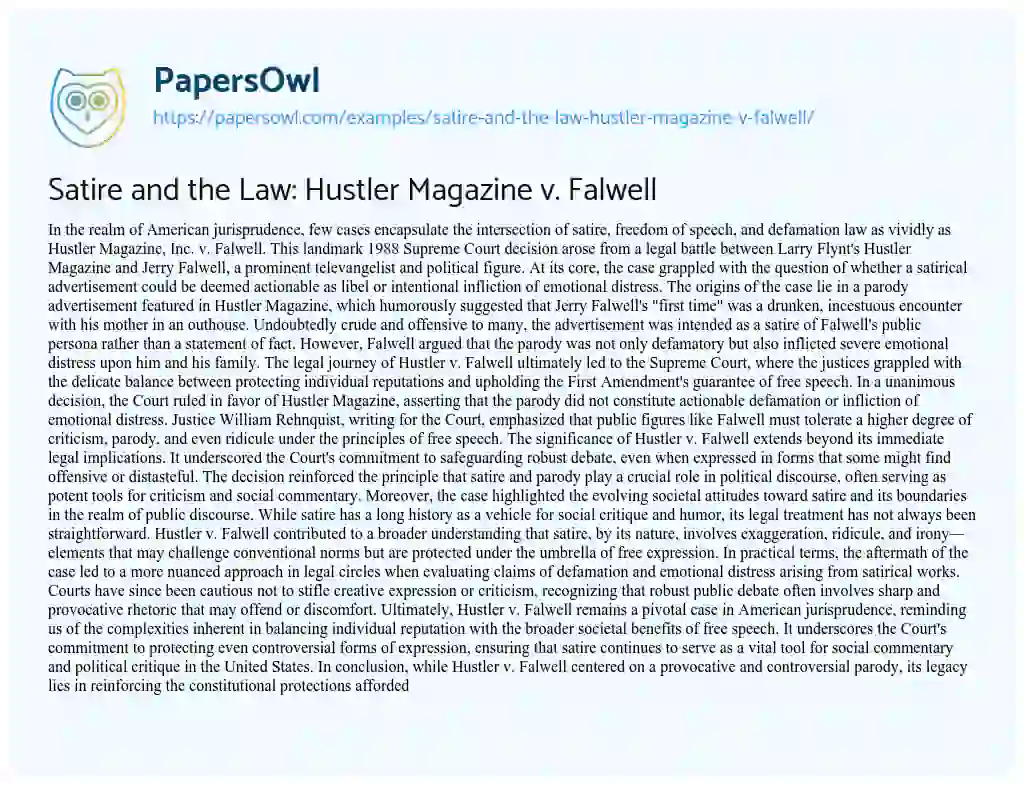 Essay on Satire and the Law: Hustler Magazine V. Falwell