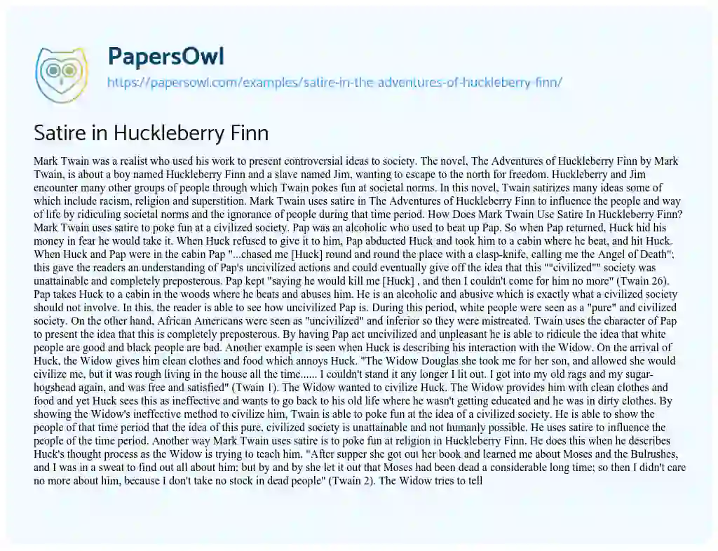 Satire in Huckleberry Finn - Free Essay Example - 1158 Words 