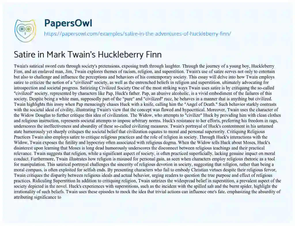 Essay on Satire in Huckleberry Finn