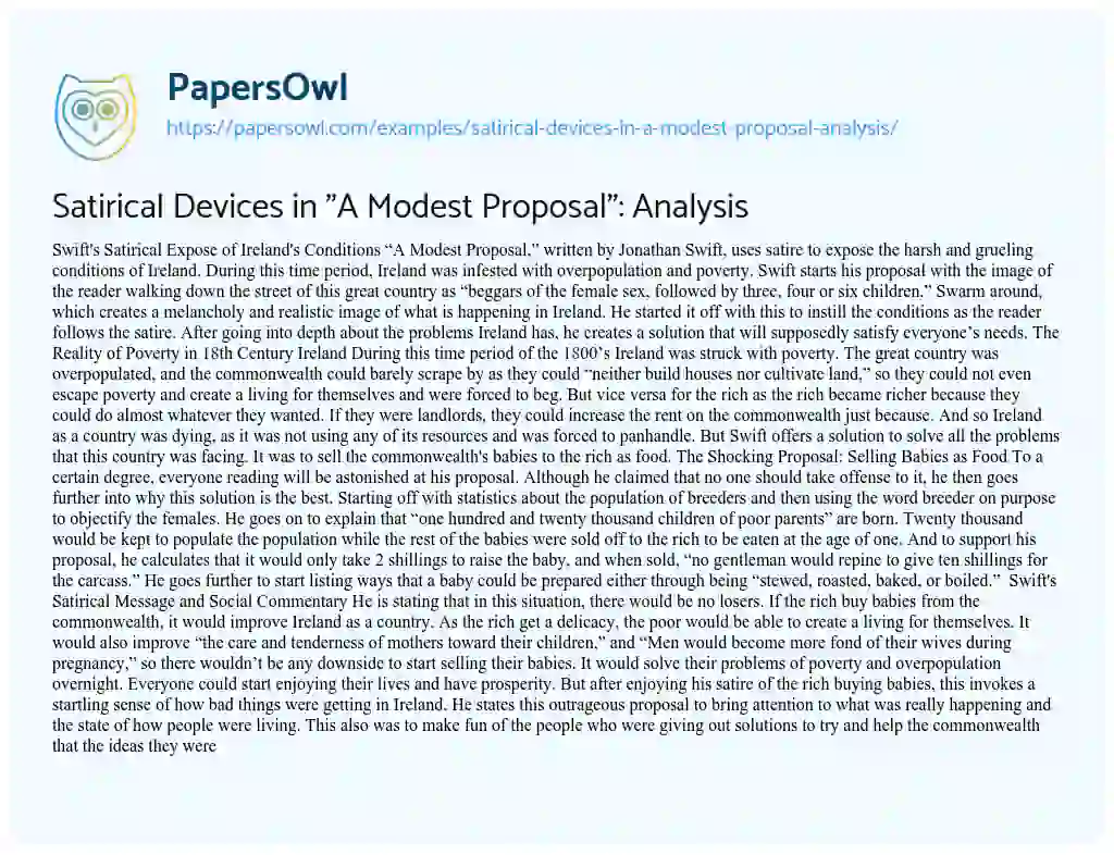 Essay on Satirical Devices in “A Modest Proposal”: Analysis