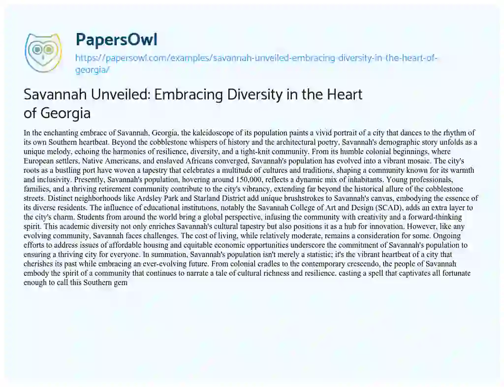 Essay on Savannah Unveiled: Embracing Diversity in the Heart of Georgia