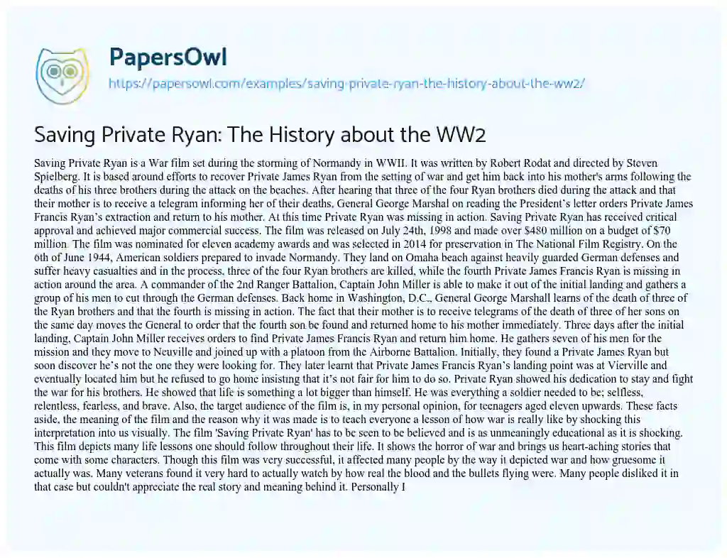 Essay on Saving Private Ryan: the History about the WW2