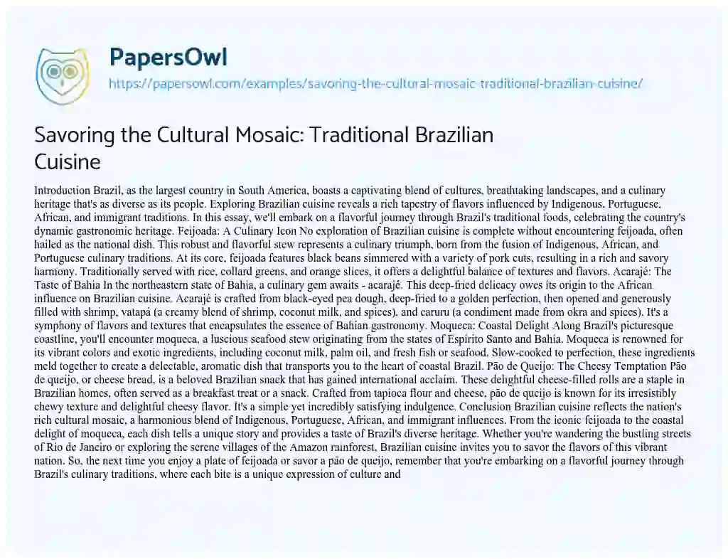 Essay on Savoring the Cultural Mosaic: Traditional Brazilian Cuisine