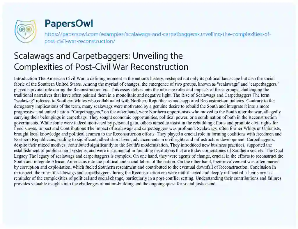 Essay on Scalawags and Carpetbaggers: Unveiling the Complexities of Post-Civil War Reconstruction