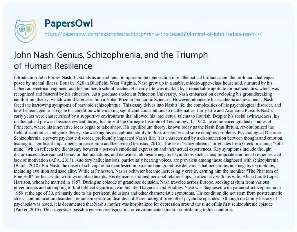 Essay on Schizophrenia – the Beautiful Mind of John Forbes Nash Jr.