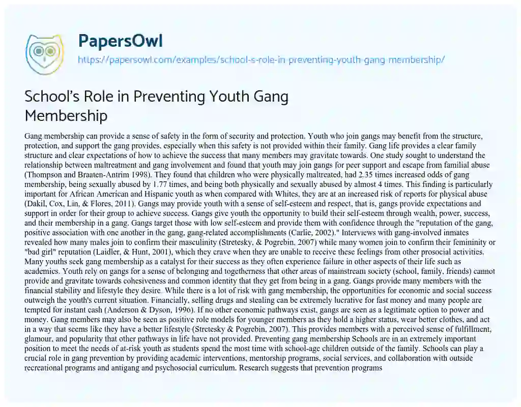 Essay on School’s Role in Preventing Youth Gang Membership