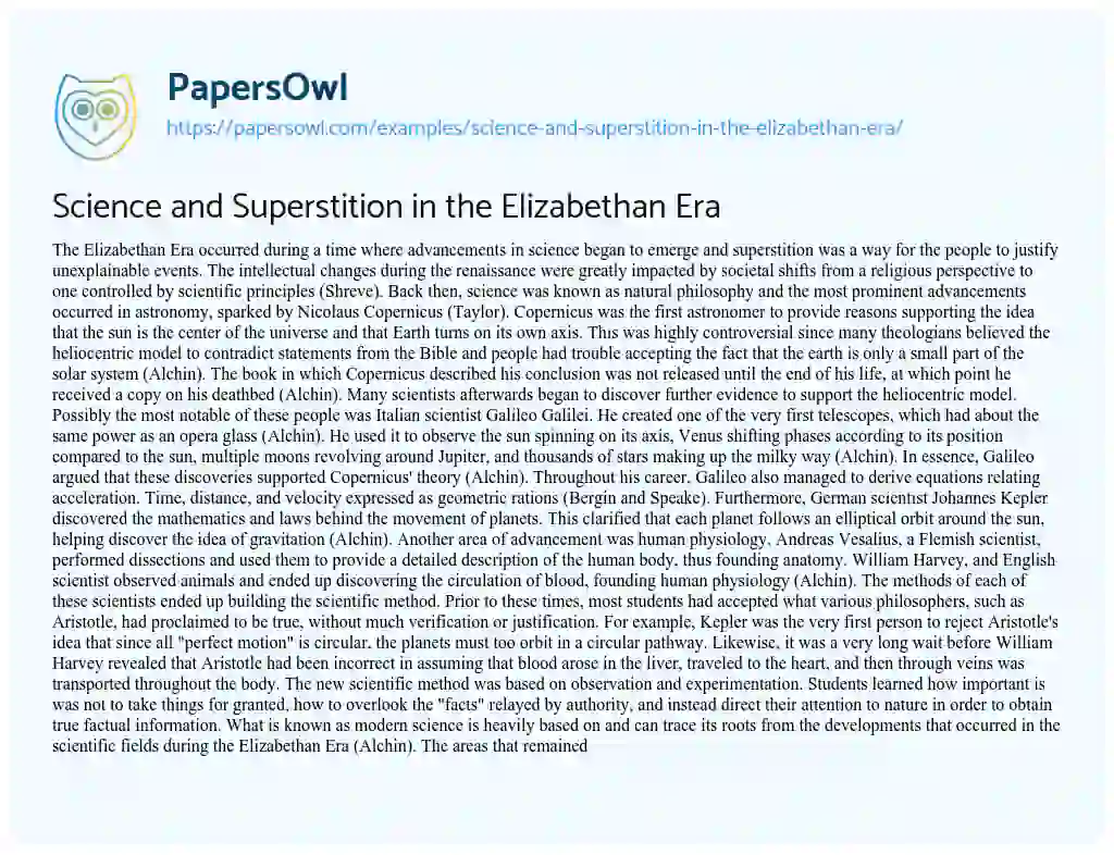 Science and Superstition in the Elizabethan Era essay