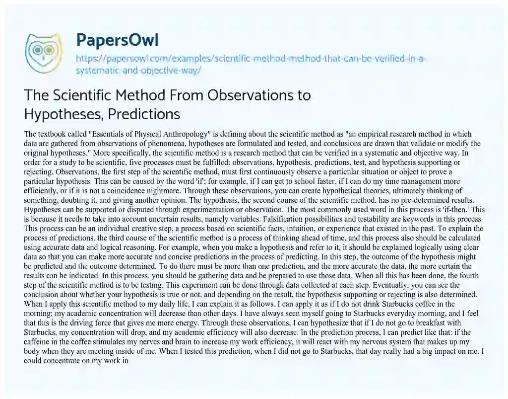 Essay on The Scientific Method from Observations to Hypotheses, Predictions