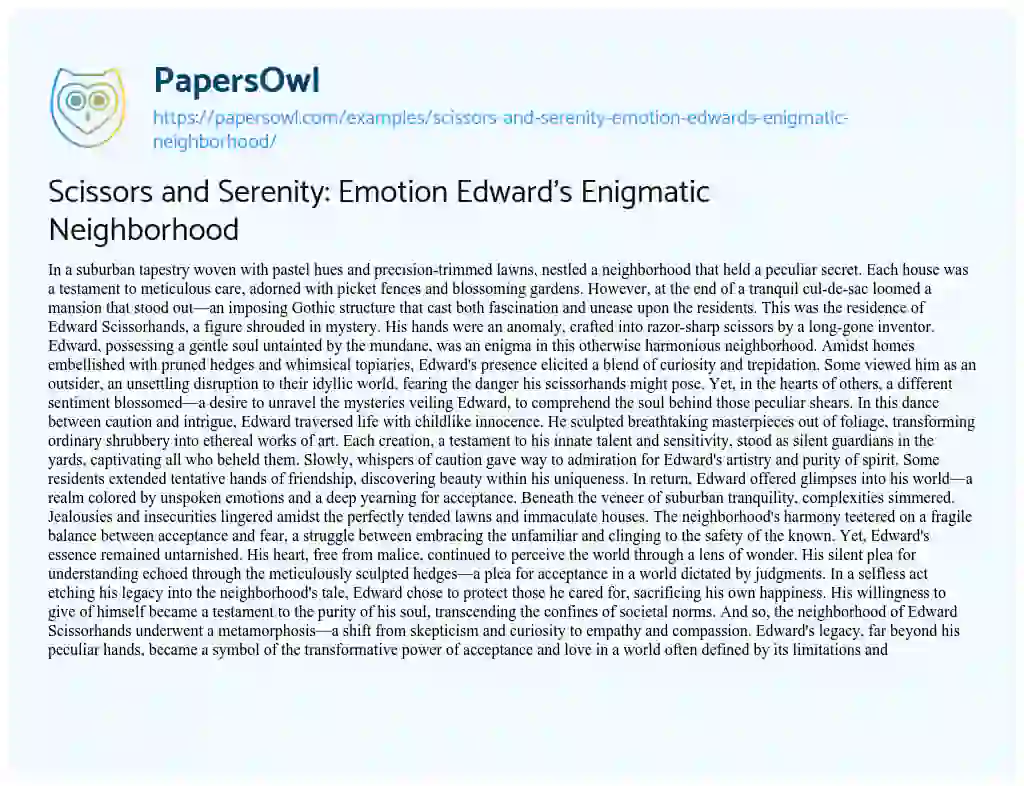 Essay on Scissors and Serenity: Emotion Edward’s Enigmatic Neighborhood