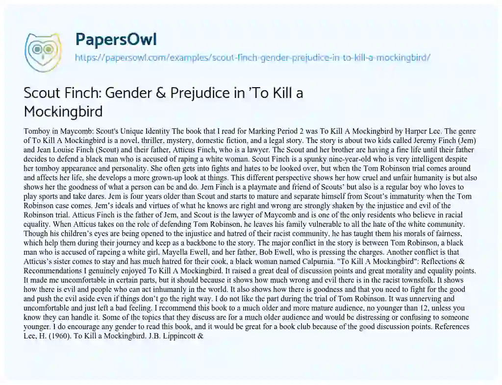 Essay on Scout Finch: Gender & Prejudice in ‘To Kill a Mockingbird