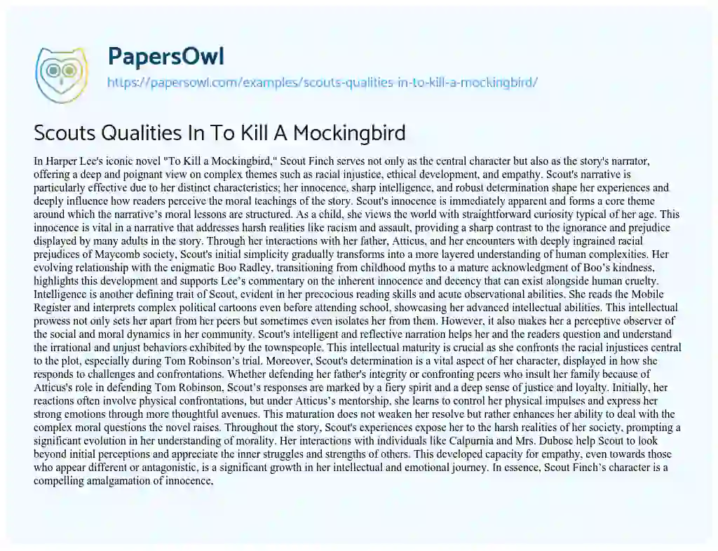 Essay on Scouts Qualities in to Kill a Mockingbird