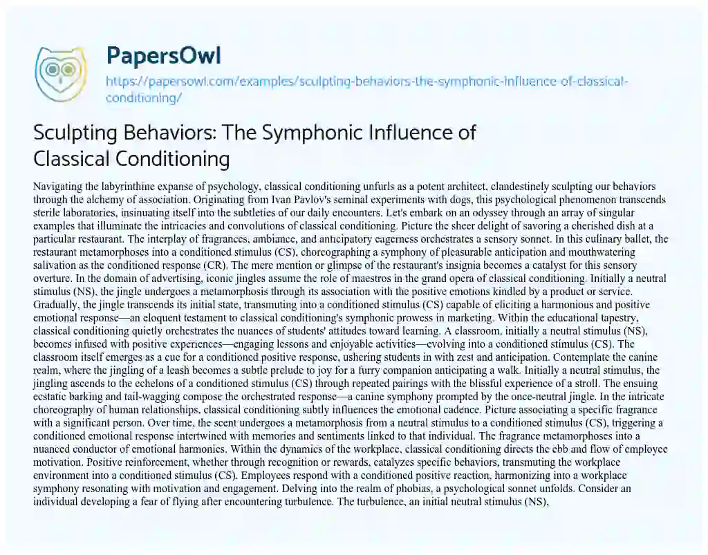 Essay on Sculpting Behaviors: the Symphonic Influence of Classical Conditioning