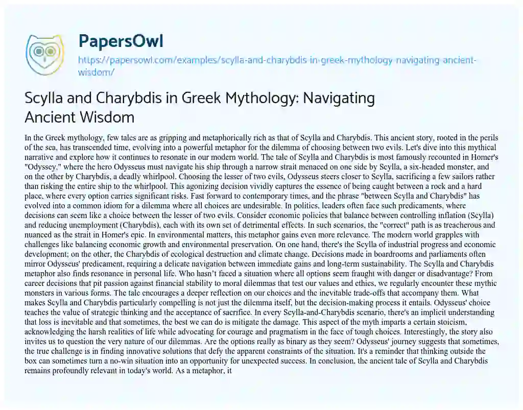 Essay on Scylla and Charybdis in Greek Mythology: Navigating Ancient Wisdom