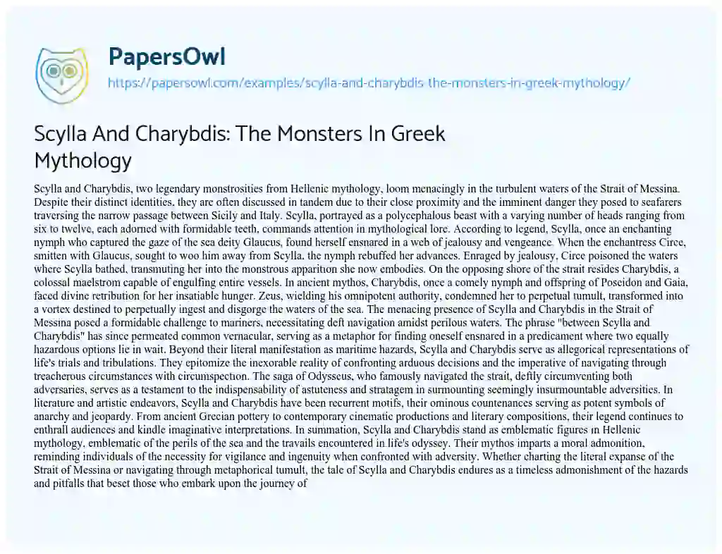 Essay on Scylla and Charybdis: the Monsters in Greek Mythology