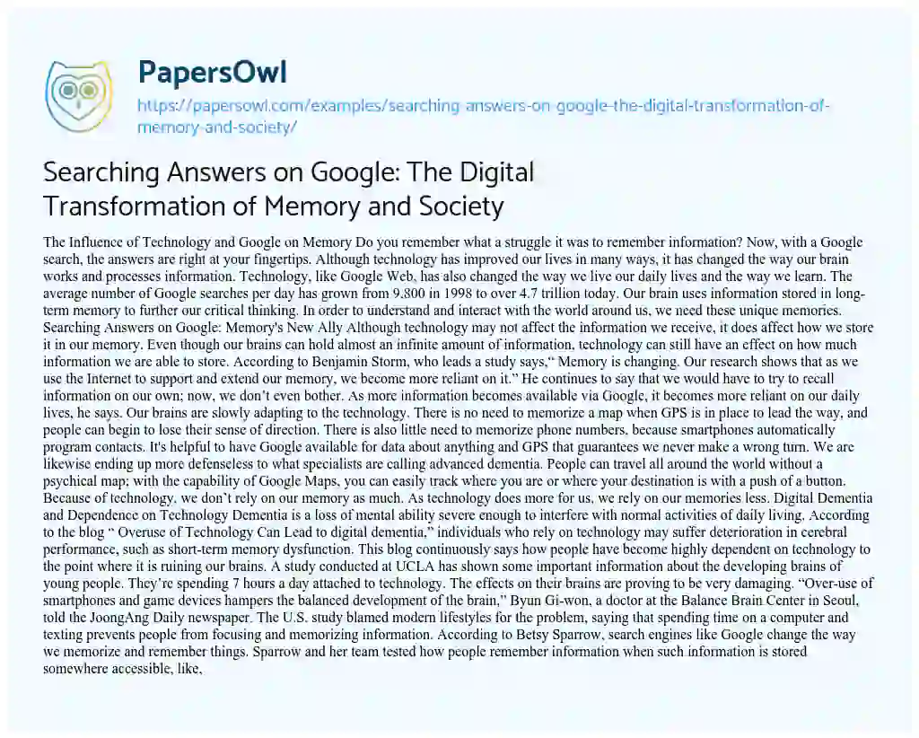 Essay on Searching Answers on Google: the Digital Transformation of Memory and Society