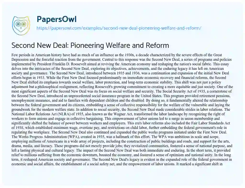 Essay on Second New Deal: Pioneering Welfare and Reform