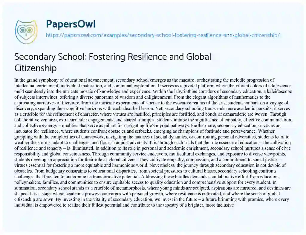 Essay on Secondary School: Fostering Resilience and Global Citizenship