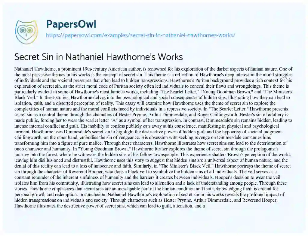 Essay on Secret Sin in Nathaniel Hawthorne’s Works