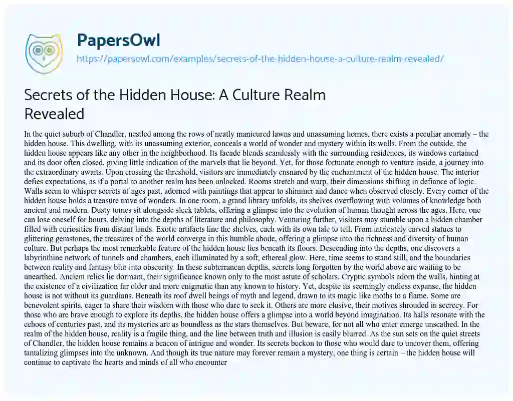 Essay on Secrets of the Hidden House: a Culture Realm Revealed