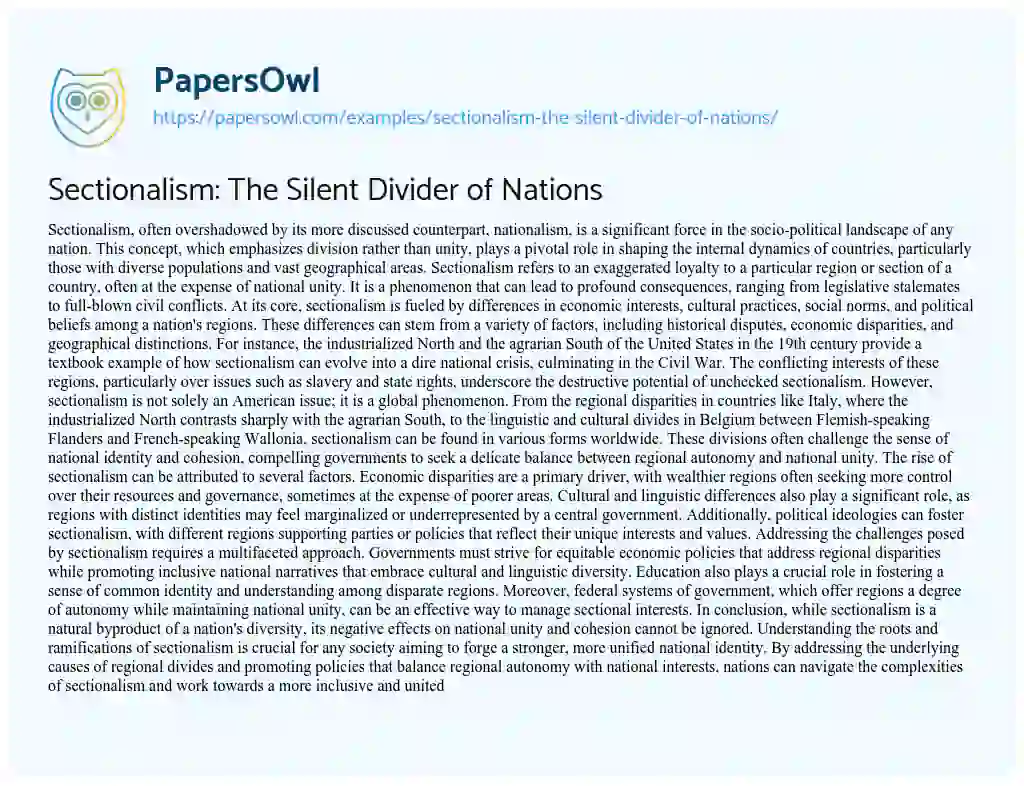 Essay on Sectionalism: the Silent Divider of Nations