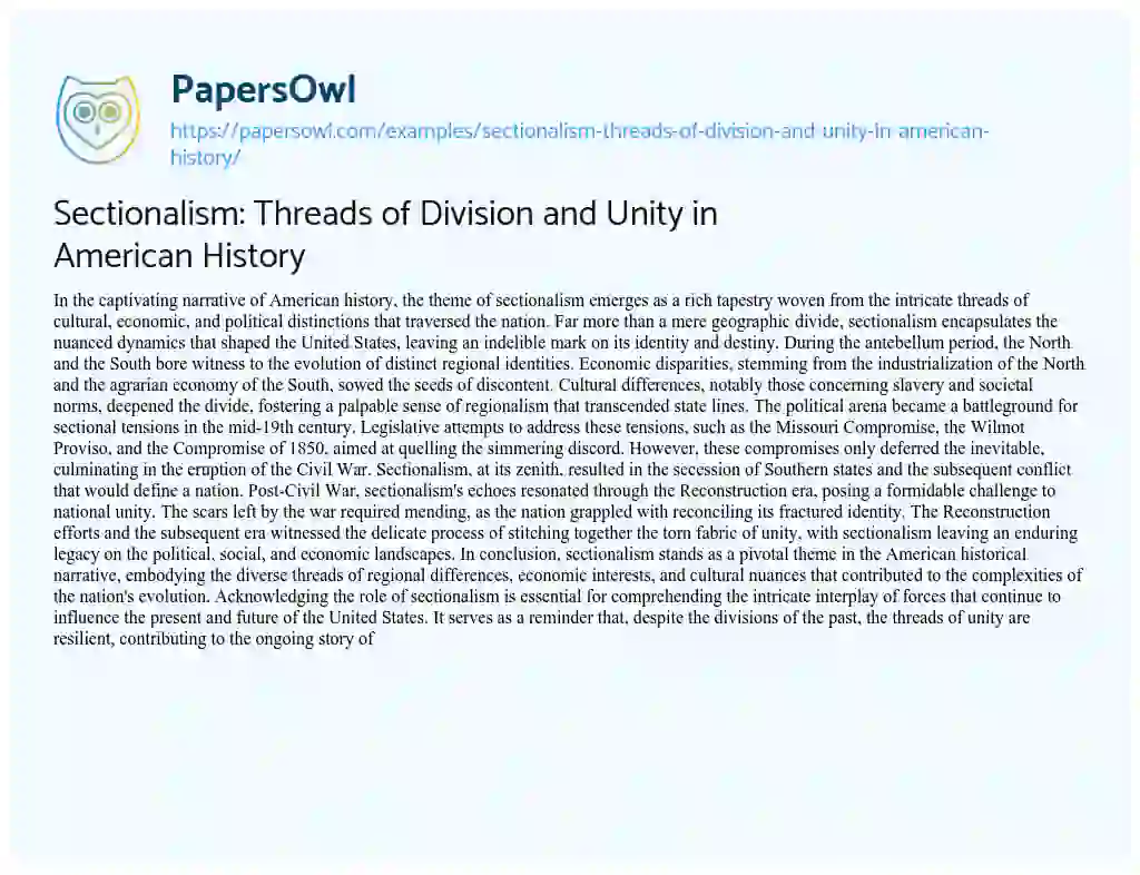 Essay on Sectionalism: Threads of Division and Unity in American History