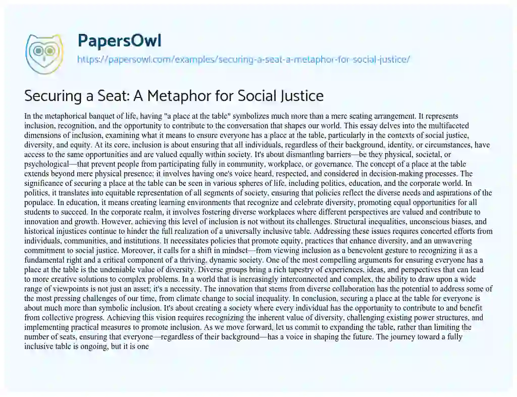 Essay on Securing a Seat: a Metaphor for Social Justice