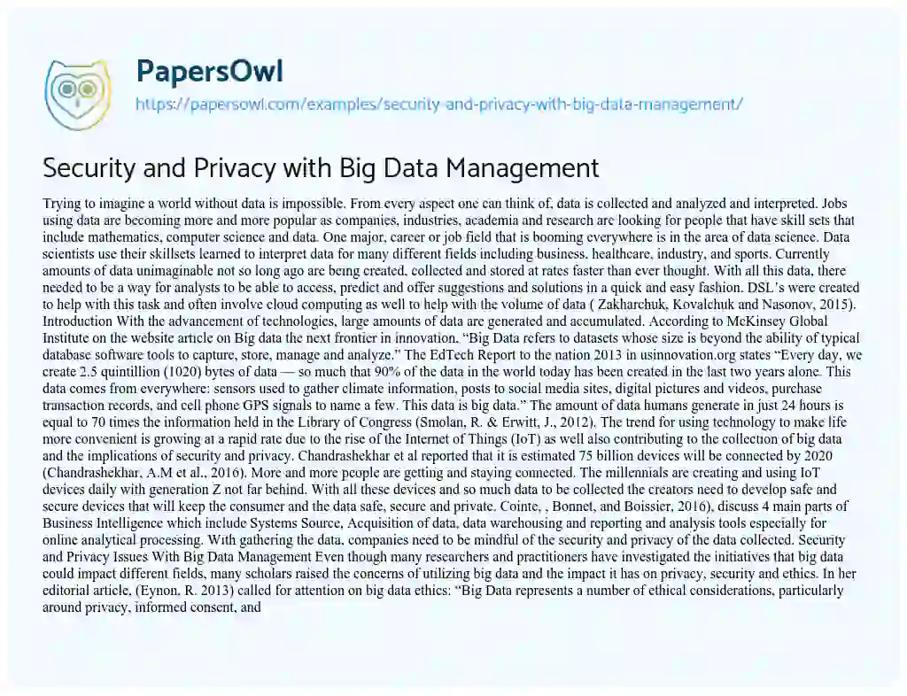 Essay on Security and Privacy with Big Data Management