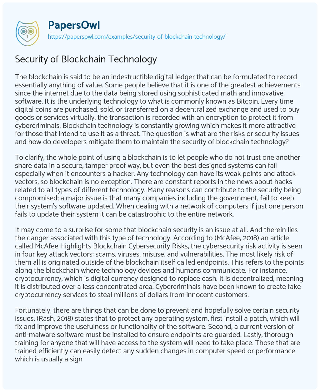 Essay on Security of Blockchain Technology